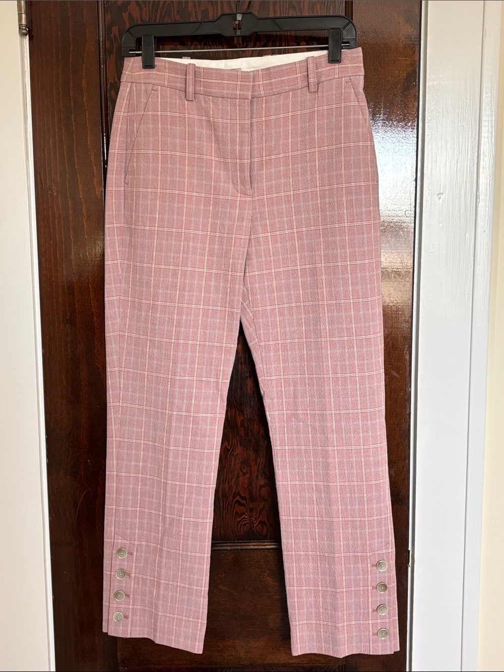 Rebecca Taylor Women's Pink Plaid Tailored Pants with Button Accents
